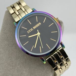 Steve Madden Women's Watch Rainbow Rim Gold Tone Metal Band Water Resistant 7"
